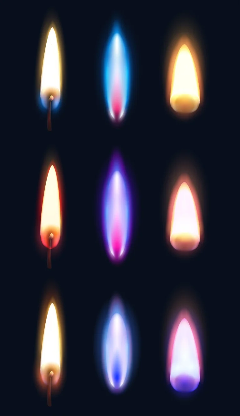 9 different coloured flames on a dark background. concept image for different types of gas burners by Combustion Technology